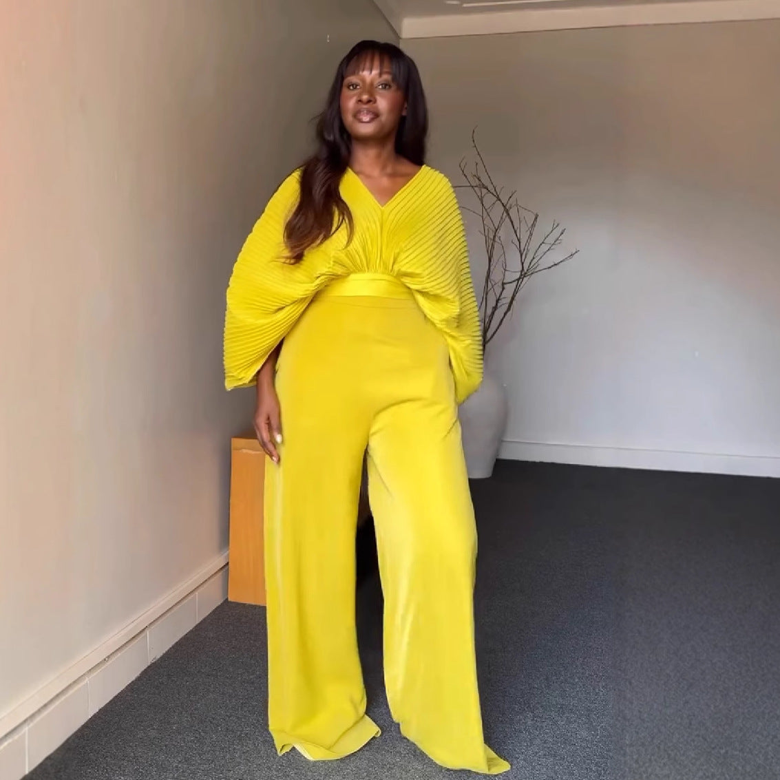 Women Pleated V-Neck Bat Sleeves Shirt and Pants Two Piece Set 6