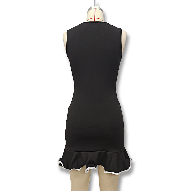 Women Summer Solid Round Neck Sleeveless Ruffle Curled Dress 6