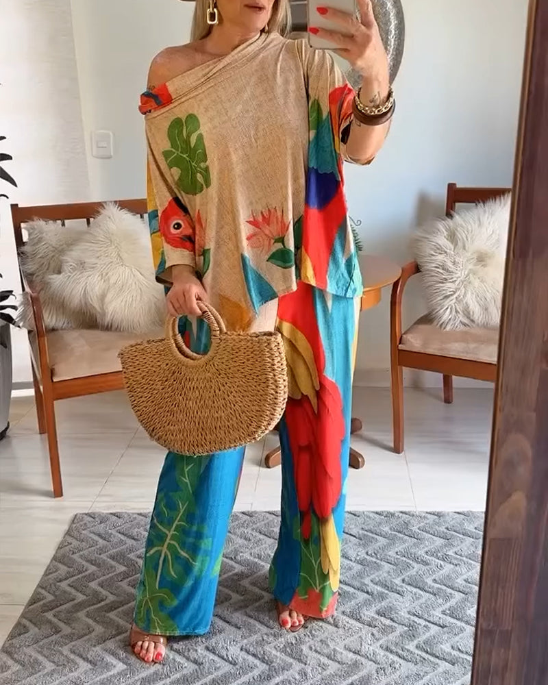 Women's Fashion Animal & Floral Print Bat Sleeves Loose Top Wide-Leg Pants Set 6