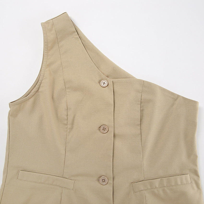 Spring Summer Linen Sleeveless Slash Shoulder Vest Wide Leg Pants Fashionable Two-Piece Set 12