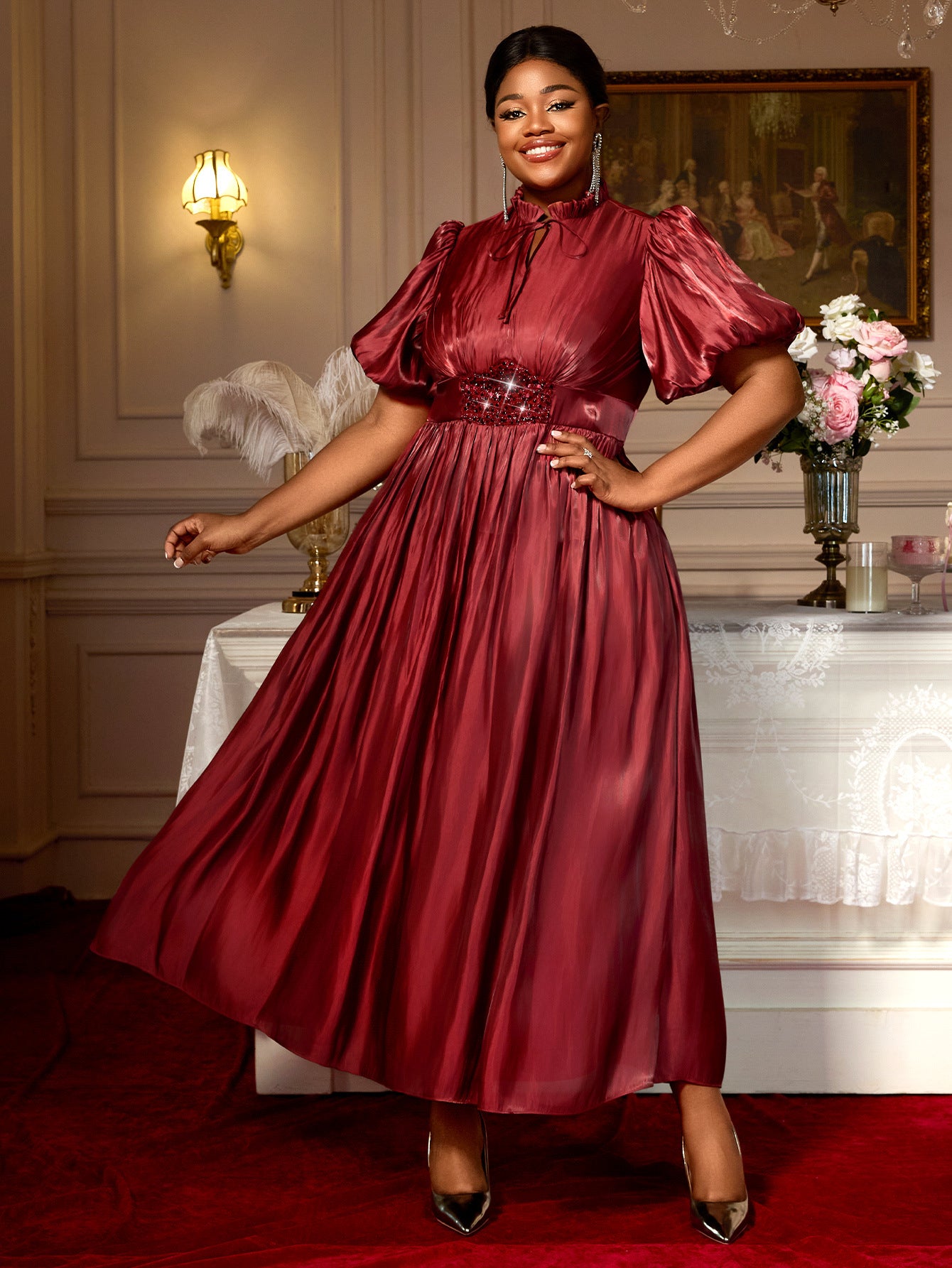 Plus-Size Women Lantern Puff Sleeve Ruffle Belted Sequined Formal Party Dress 9