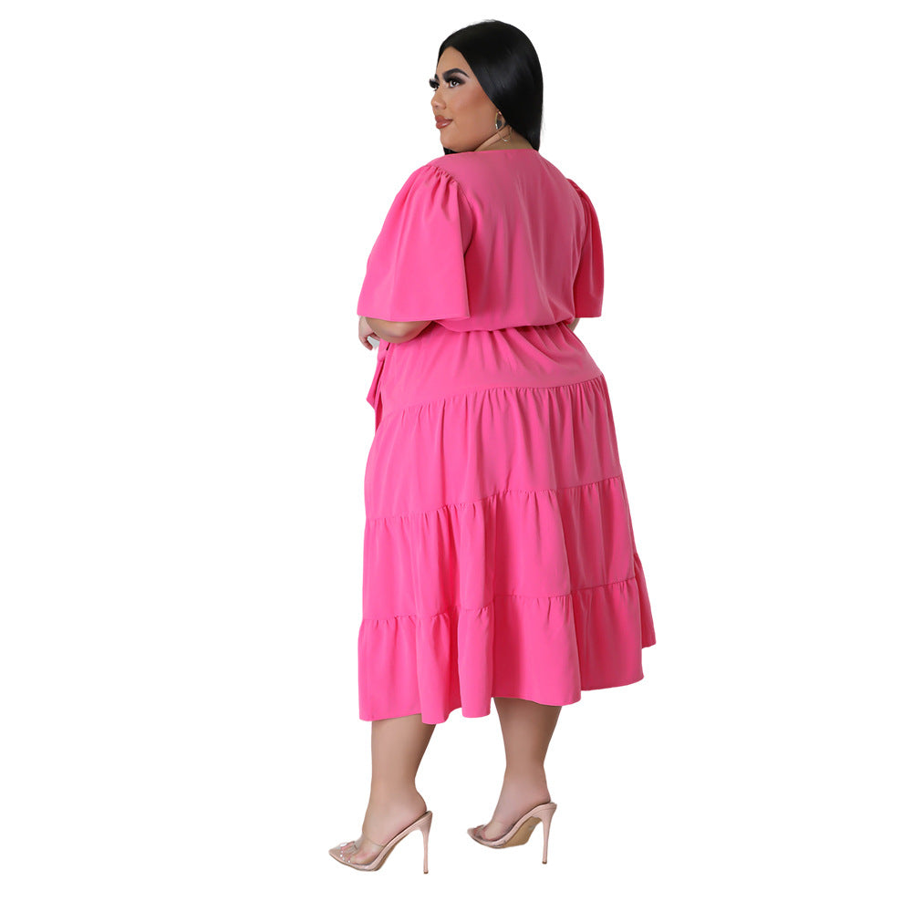 Plus Size Women Short Sleeve V Neck Solid Belt Loose Maxi Dress 5