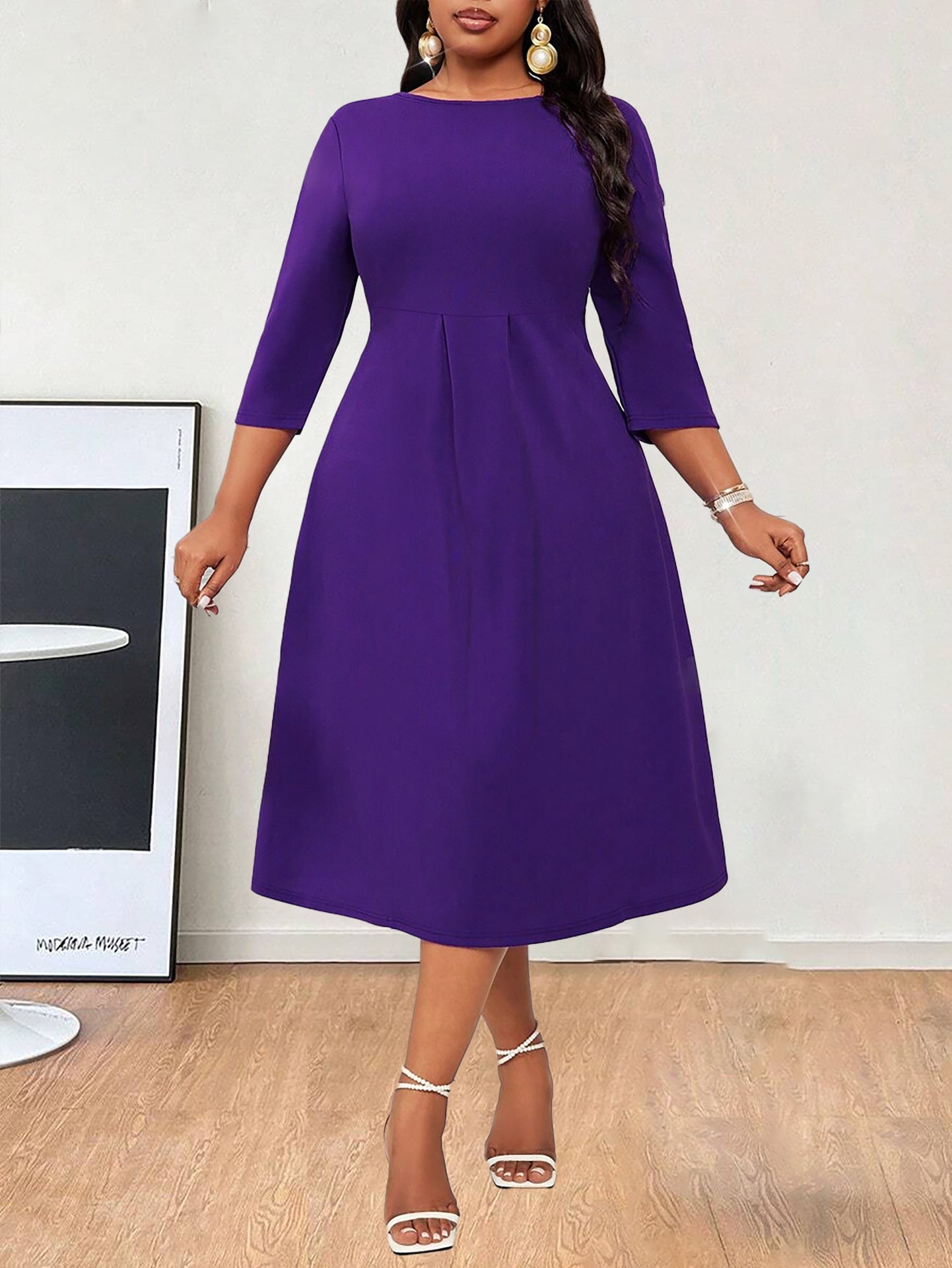 Women's Plus Size Elegant Slim Waist Round Neck Solid Color Dress
