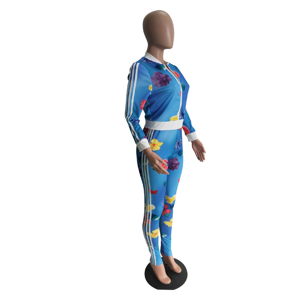 Autumn Printed Stripes Zipper Sports Two Piece Pants Set 5