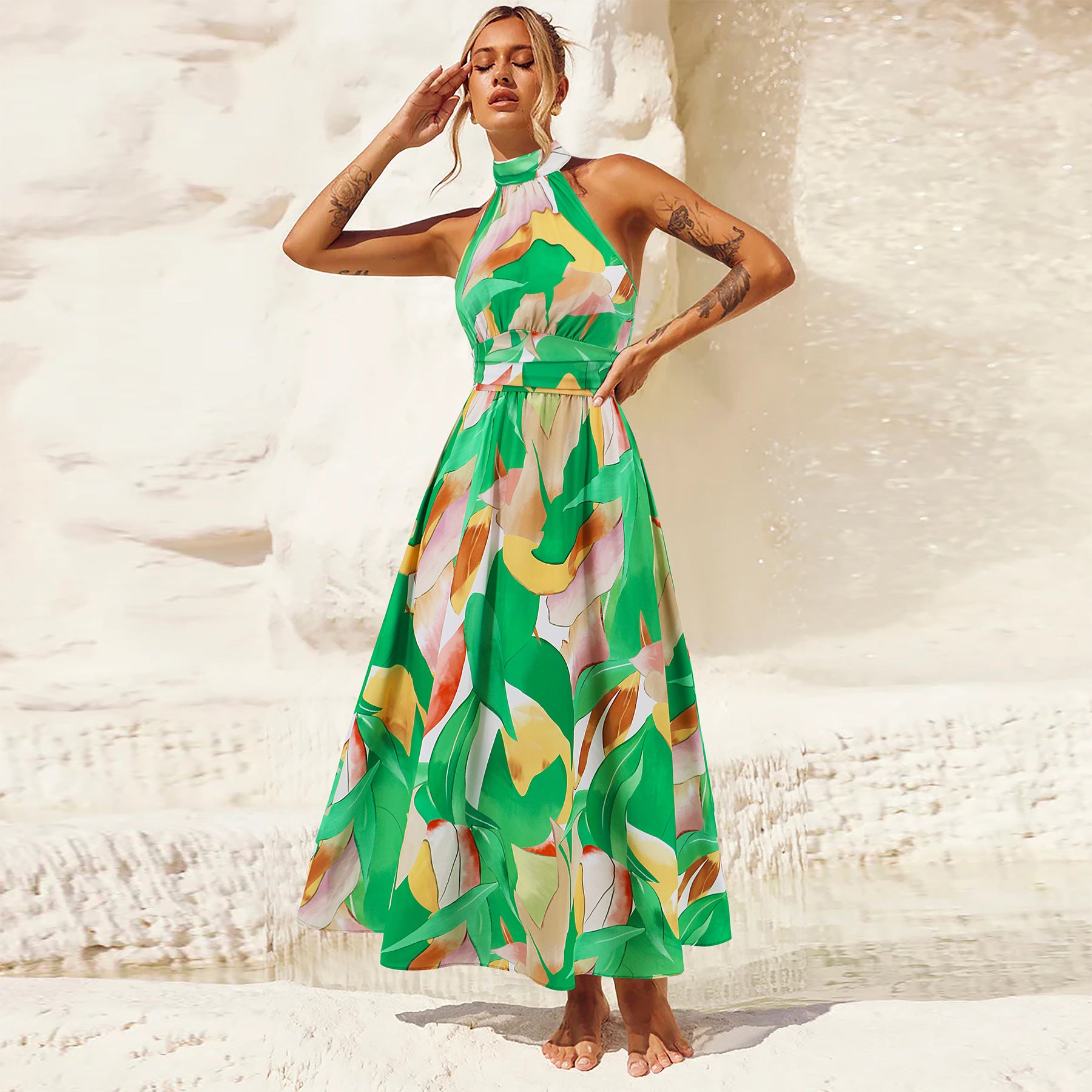 Women Sexy Stand Collar Sleeveless Printed Maxi Dress 7