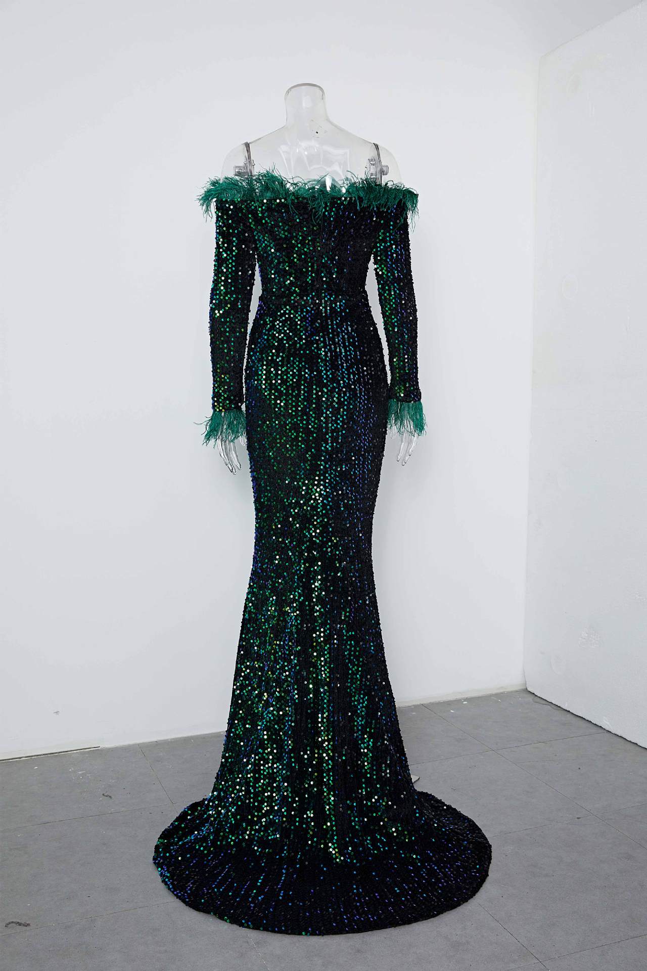 Sequin Mermaid Evening Dress Female Feather Off Shoulder Long Sleeve Formal Party Long Dress 5