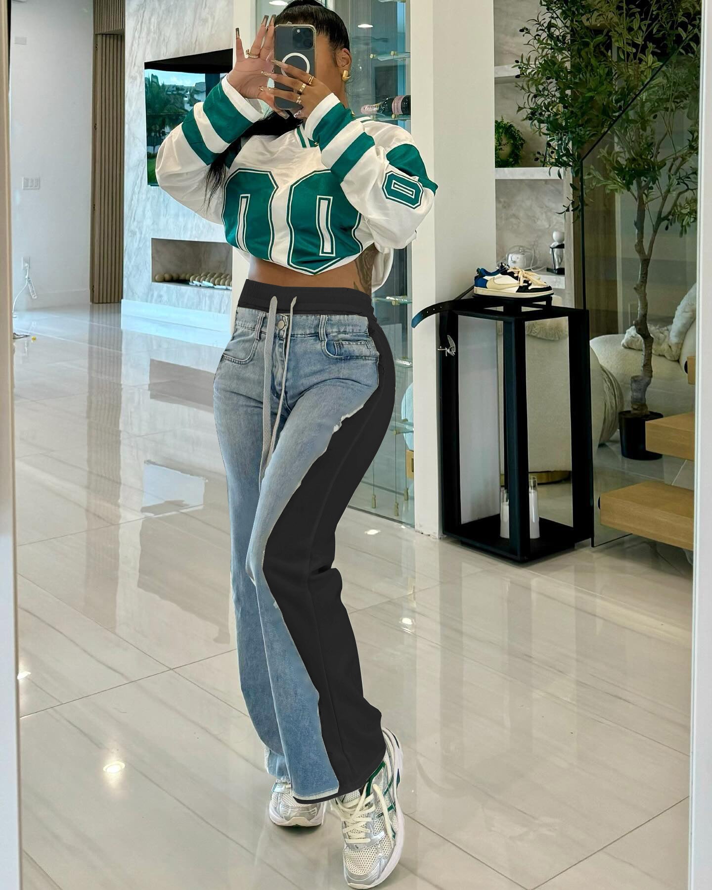 Spring/Summer Denim Print Contrast Pocket Elastic Waist Casual Straight-Leg Pants 4