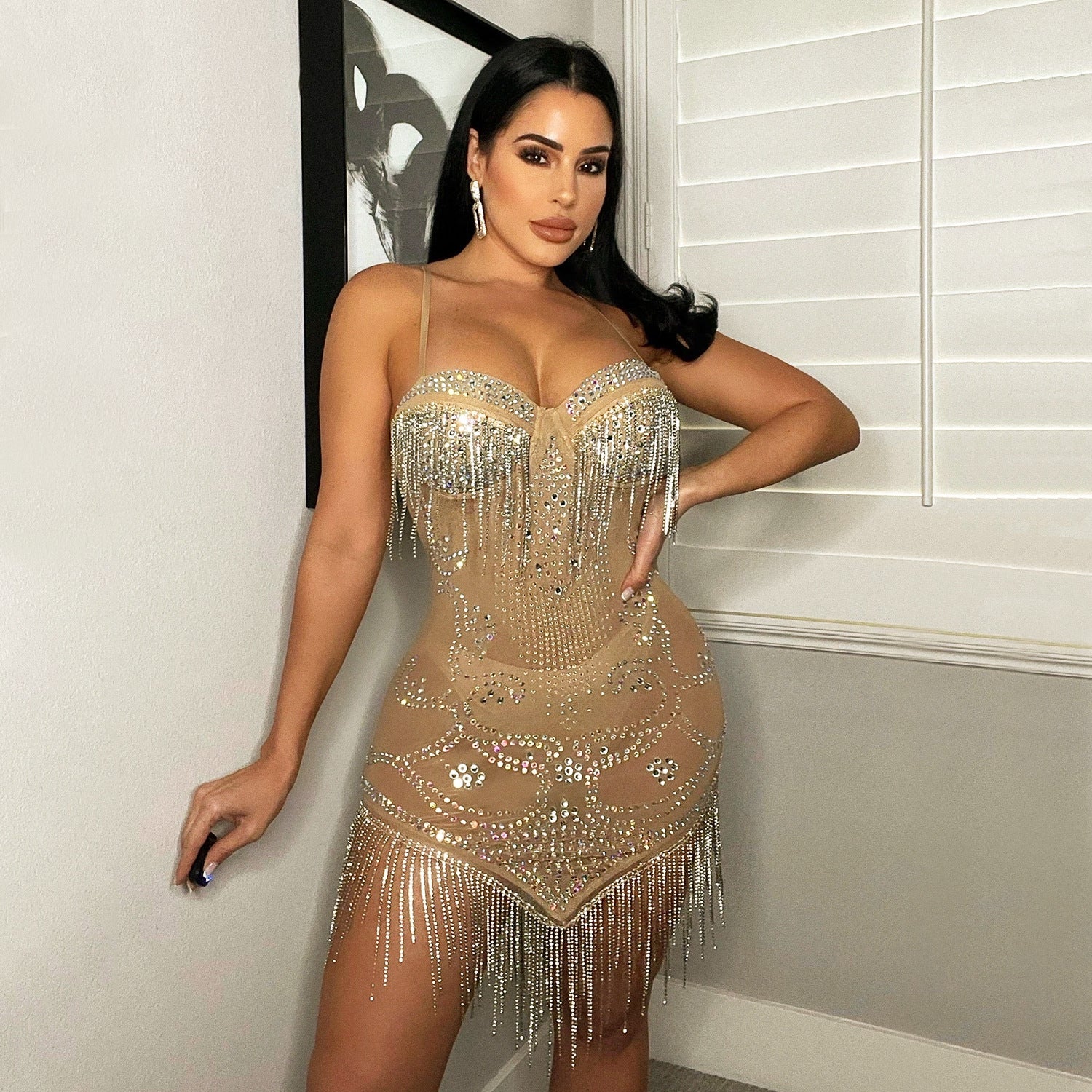 Summer Women Sexy Mesh Beaded Slip Fringe Dress 3