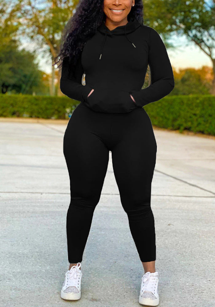 Women sports long sleeve zipper hooded pocket top and sweatpants two-piece set