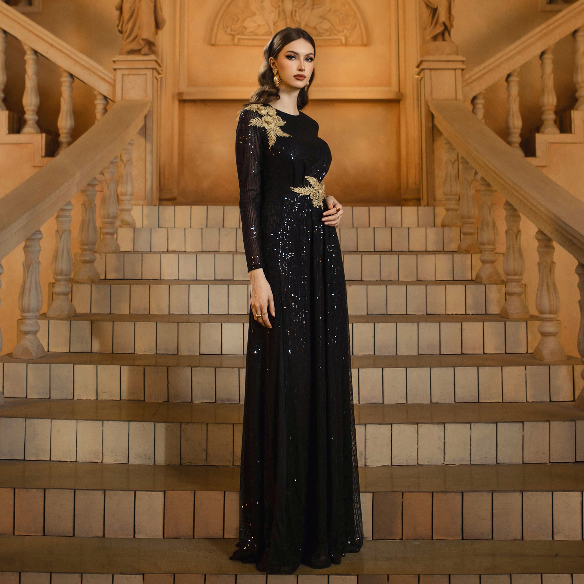 Women Round Neck long sleeve sequined formal party slit evening dress 3