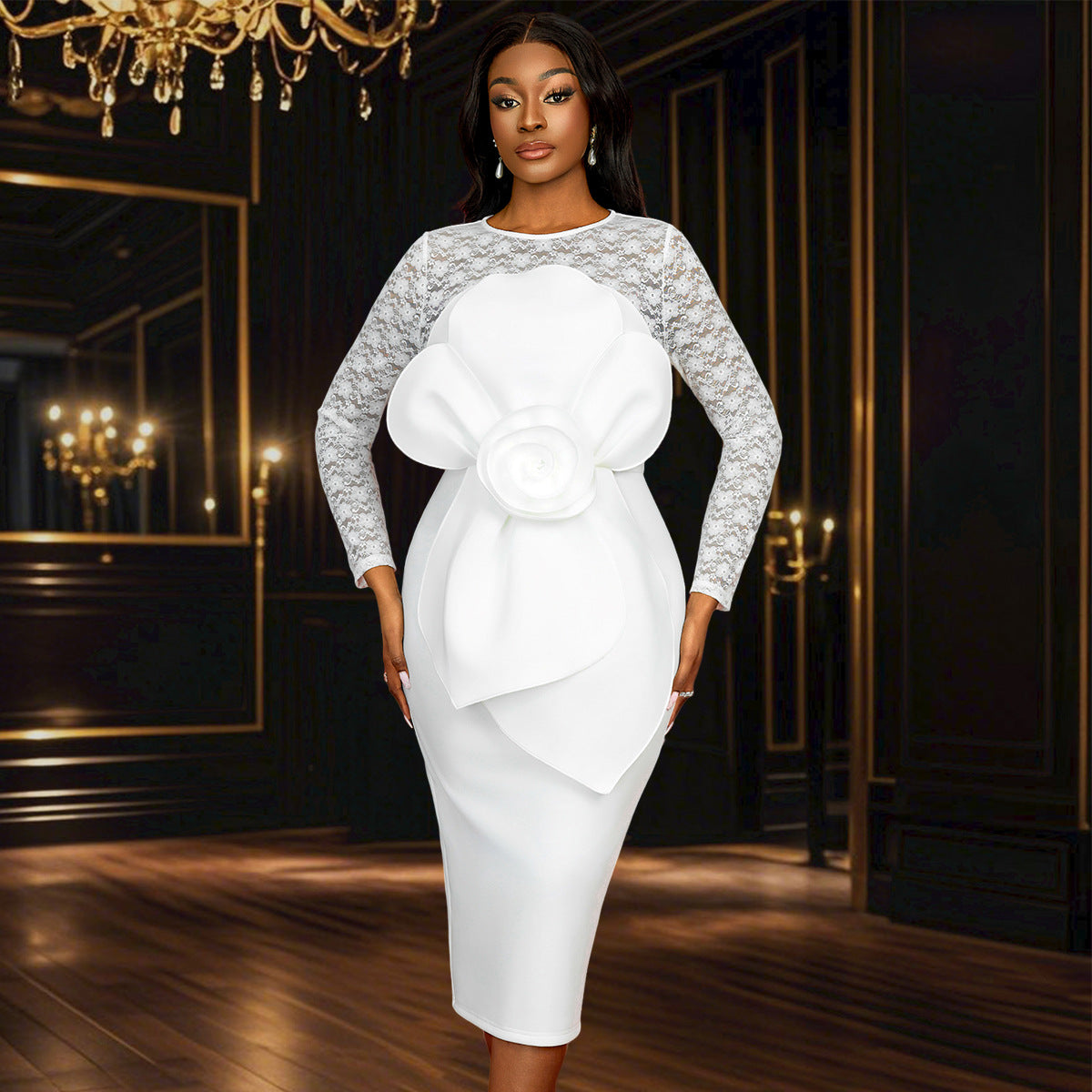 Long-Sleeved Lace Wedding Bow Party Dress