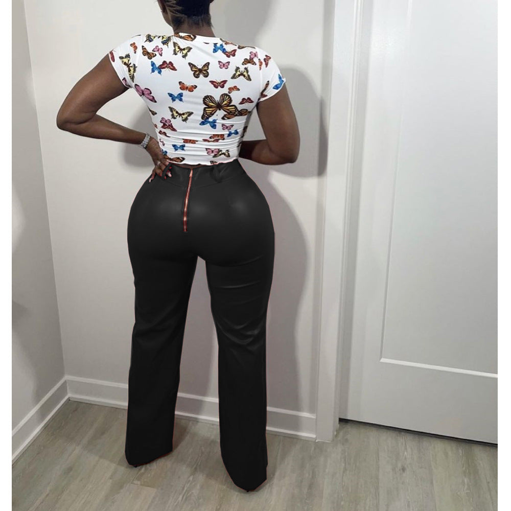 Solid Color Loose Wide-Leg Leather Pants with Back Zipper 6