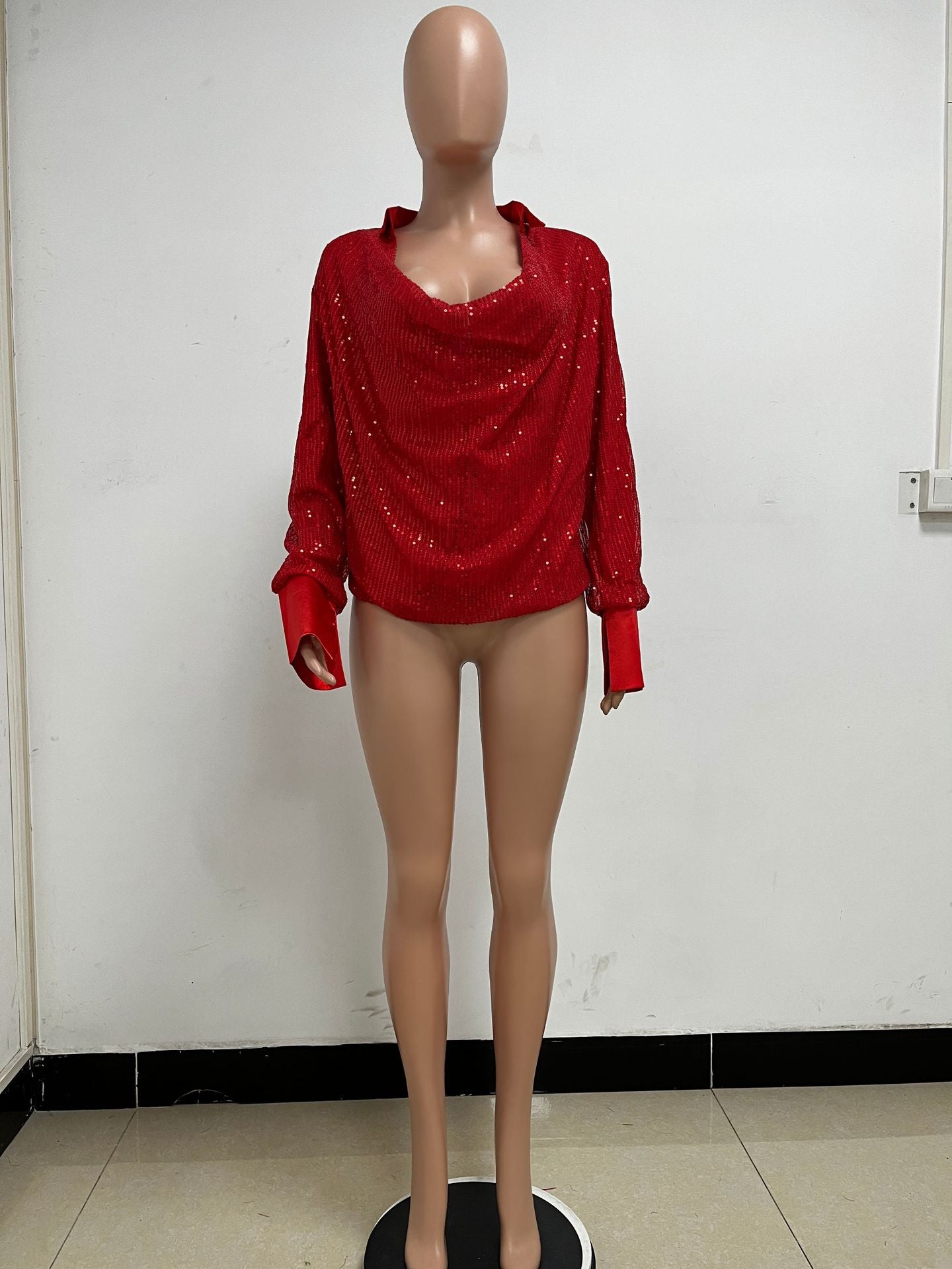 Women's Deep V Pleated Loose Ladies Chic Sequin Long Sleeve Shirt 19