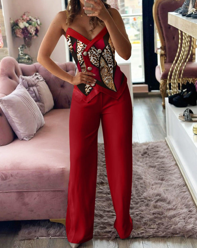 Fashion Printed Double-Breasted Strap Women's Two Piece Pants Set 6