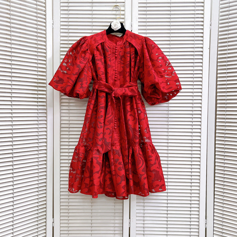 Women Round Neck Vintage Jacquard Puff Sleeve Casual Belt Dress 10