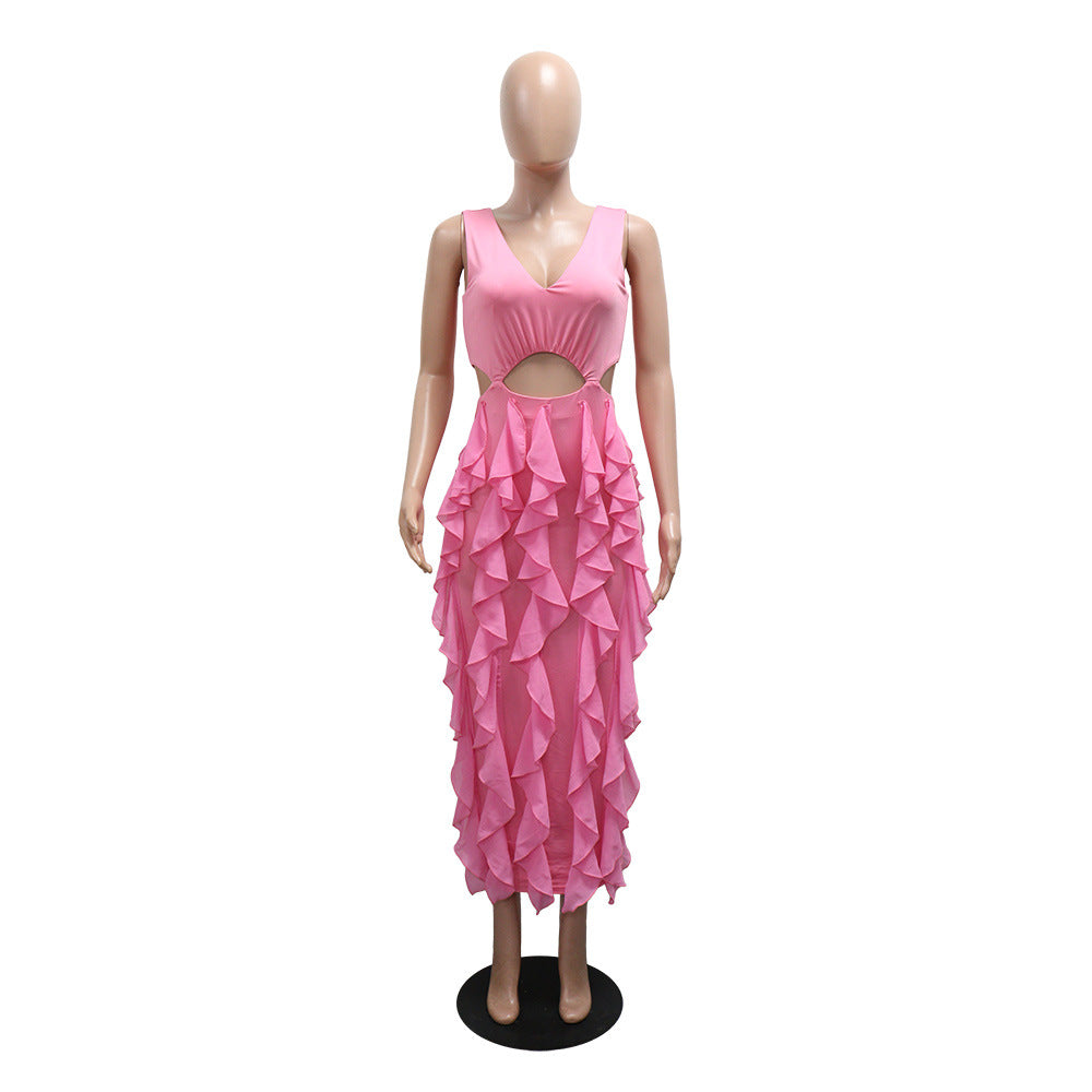 Women Sexy V-Neck Sleeveless Solid Ruffle Slit Dress 13