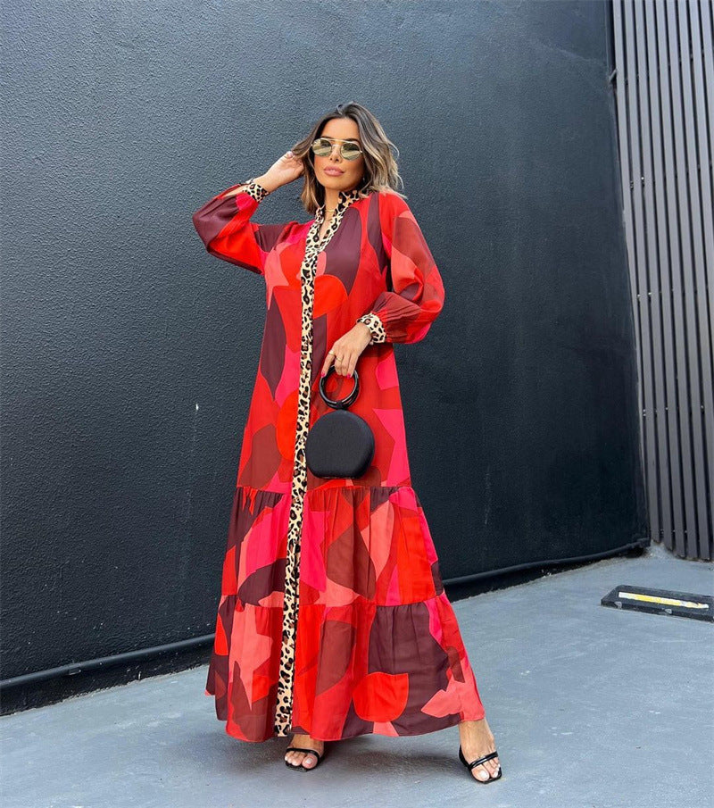 Women Autumn Printed Patchwork Button Casual Dress 3