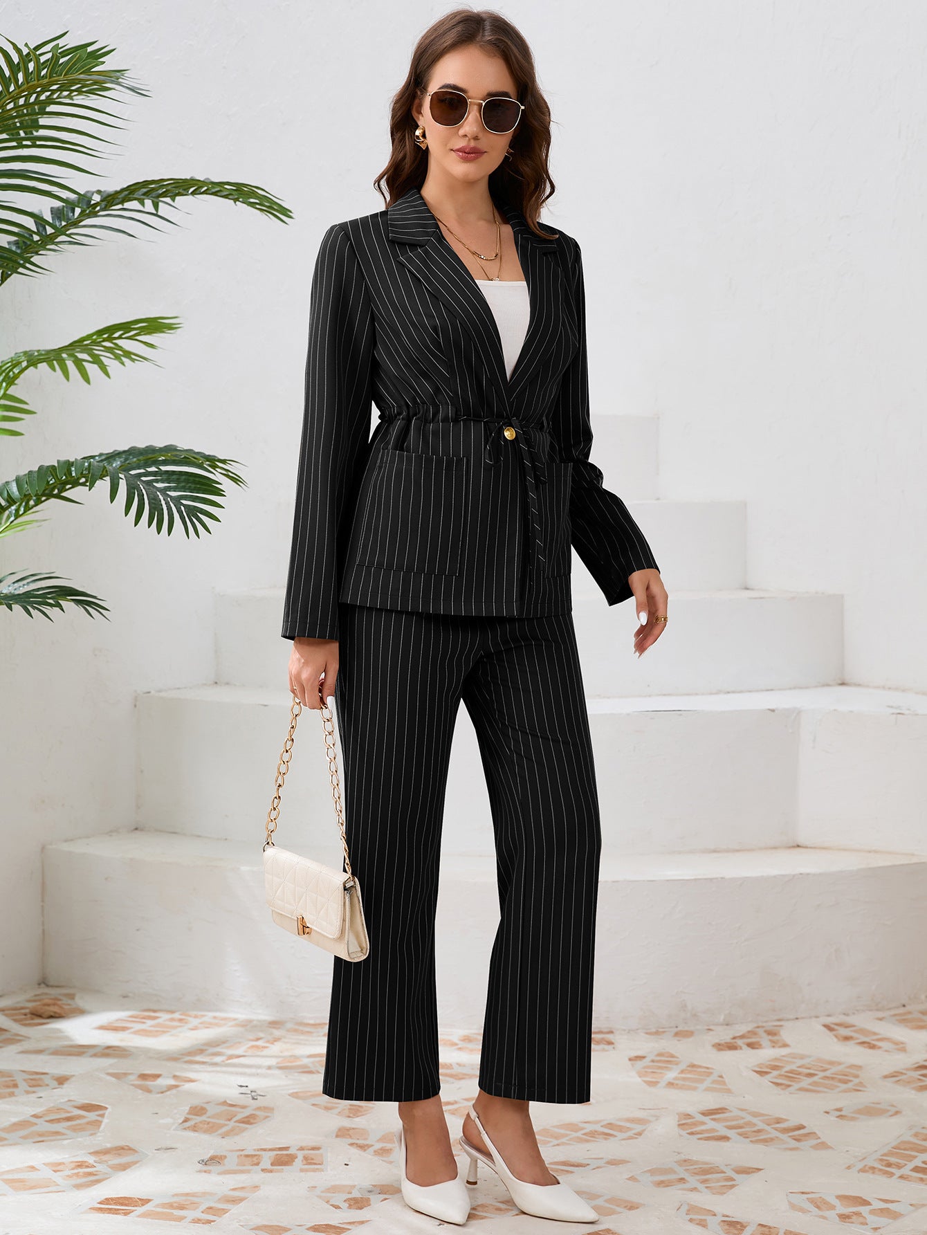 Casual Stripe Turndown Collar Strap Blazer Jacket Straight Pants suits Women's two-piece set 4