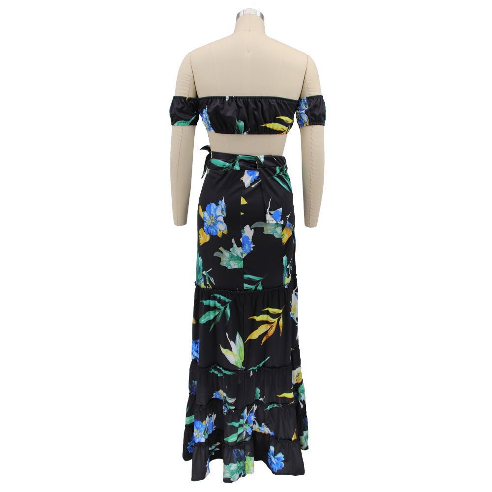 Women summer printed short-sleeved crop Top and slit Skirt sexy two-piece set 21
