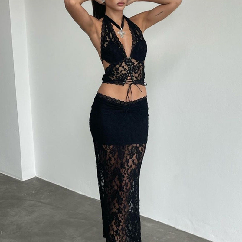 Women Summer lace Tank Halter Neck Underwear And Skirt Two-Piece Set 3