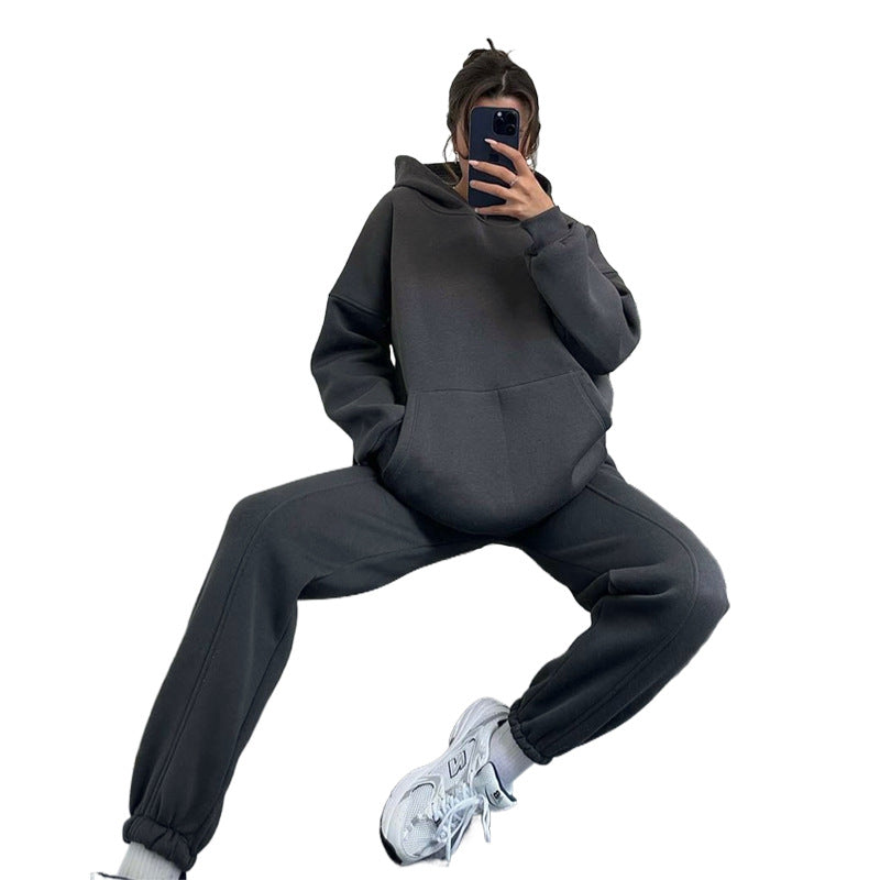 Autumn and winter solid color fleece Hoodies pants two-piece fashionable casual set 15