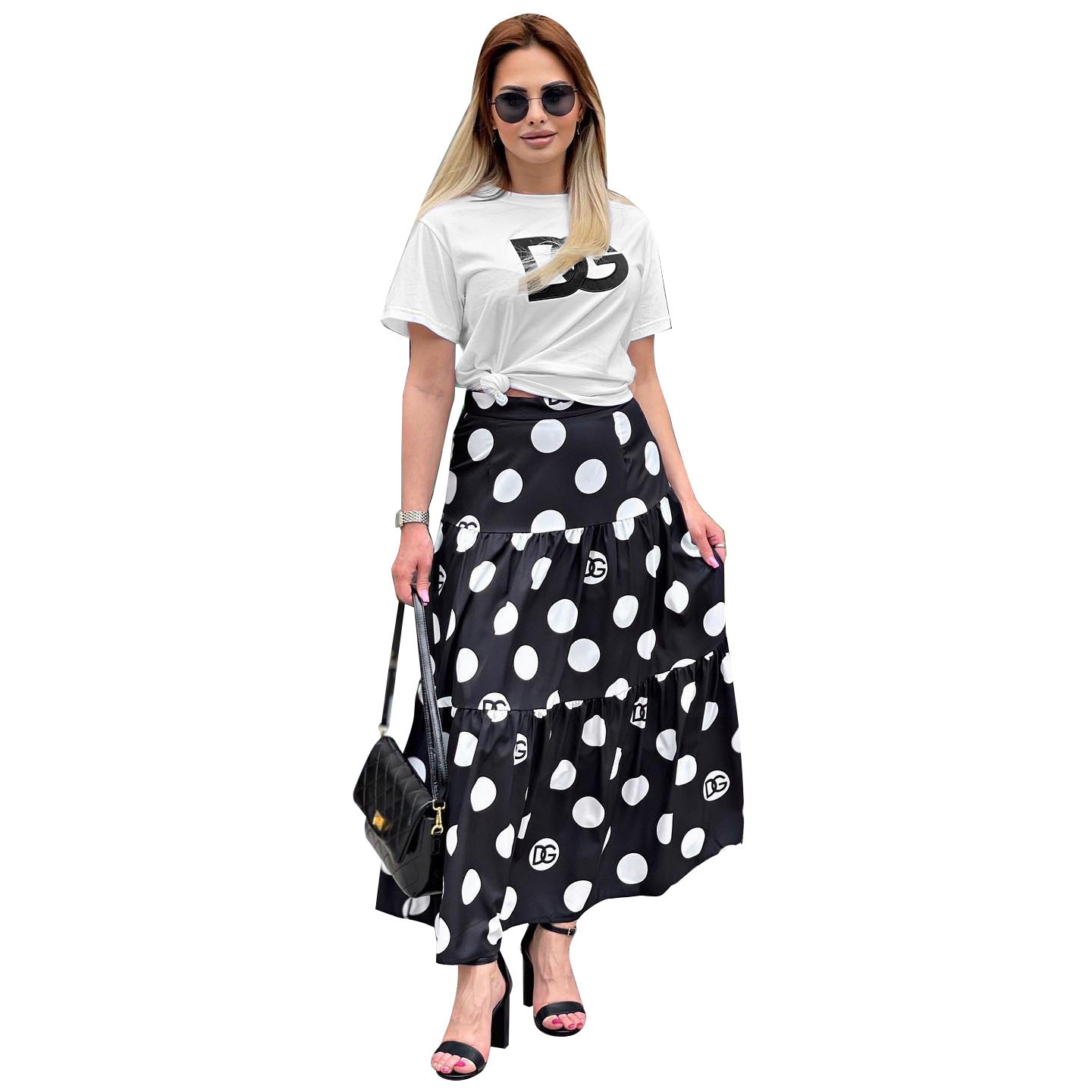 Women's Fashion Sexy Short Sleeve T-shirt Elegant Chic Print Flared Skirt Two-Piece Set 7