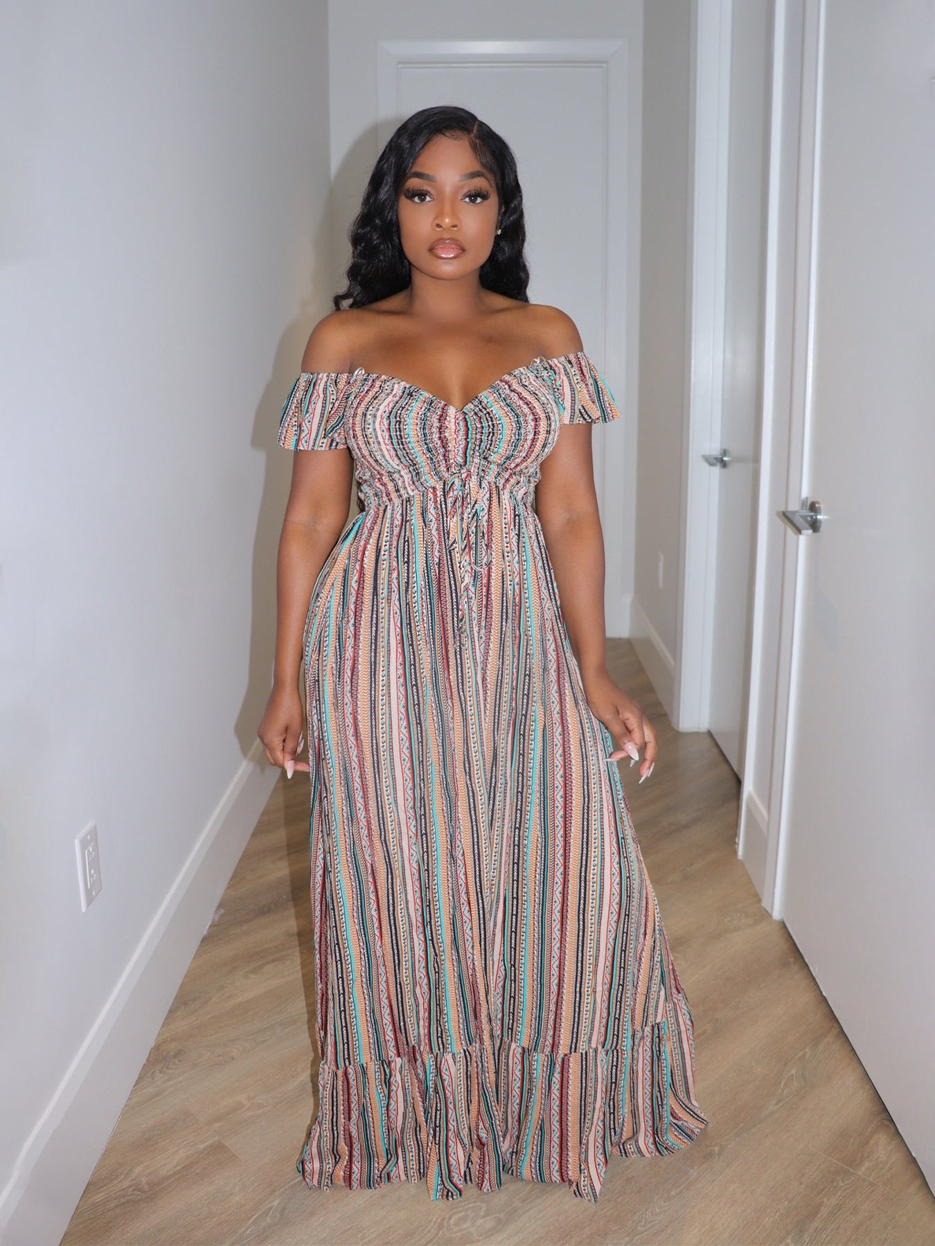 Women Spring Summer Striped Print Off Shoulder Lace-up Dress