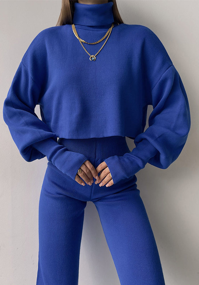 Women Casual High Neck Loose Long Sleeve Top and Pant Two-piece Set