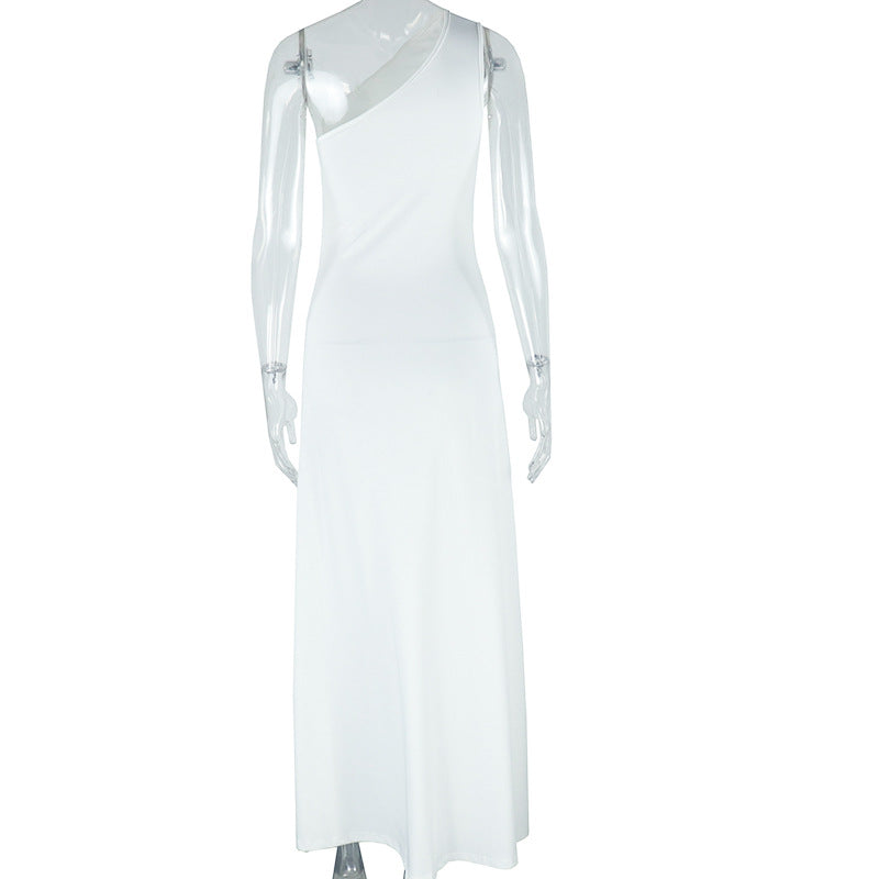 Women's Fashion Solid Color Slash Shoulder One-Shoulder Sleeveless Slit Long Dress 13