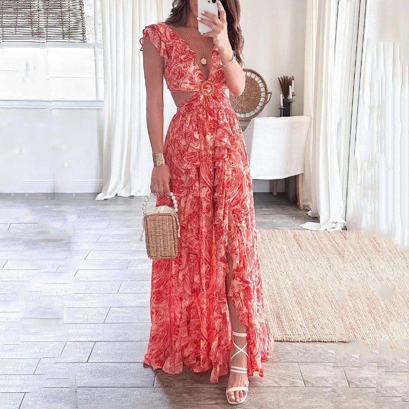 Women's Fashion Sexy V-Neck Printed Slit Long Dress 3