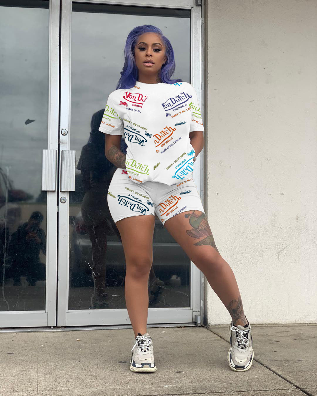 Women Sexy Letter Print Round Neck Short Sleeve Top and Shorts Two Piece Set