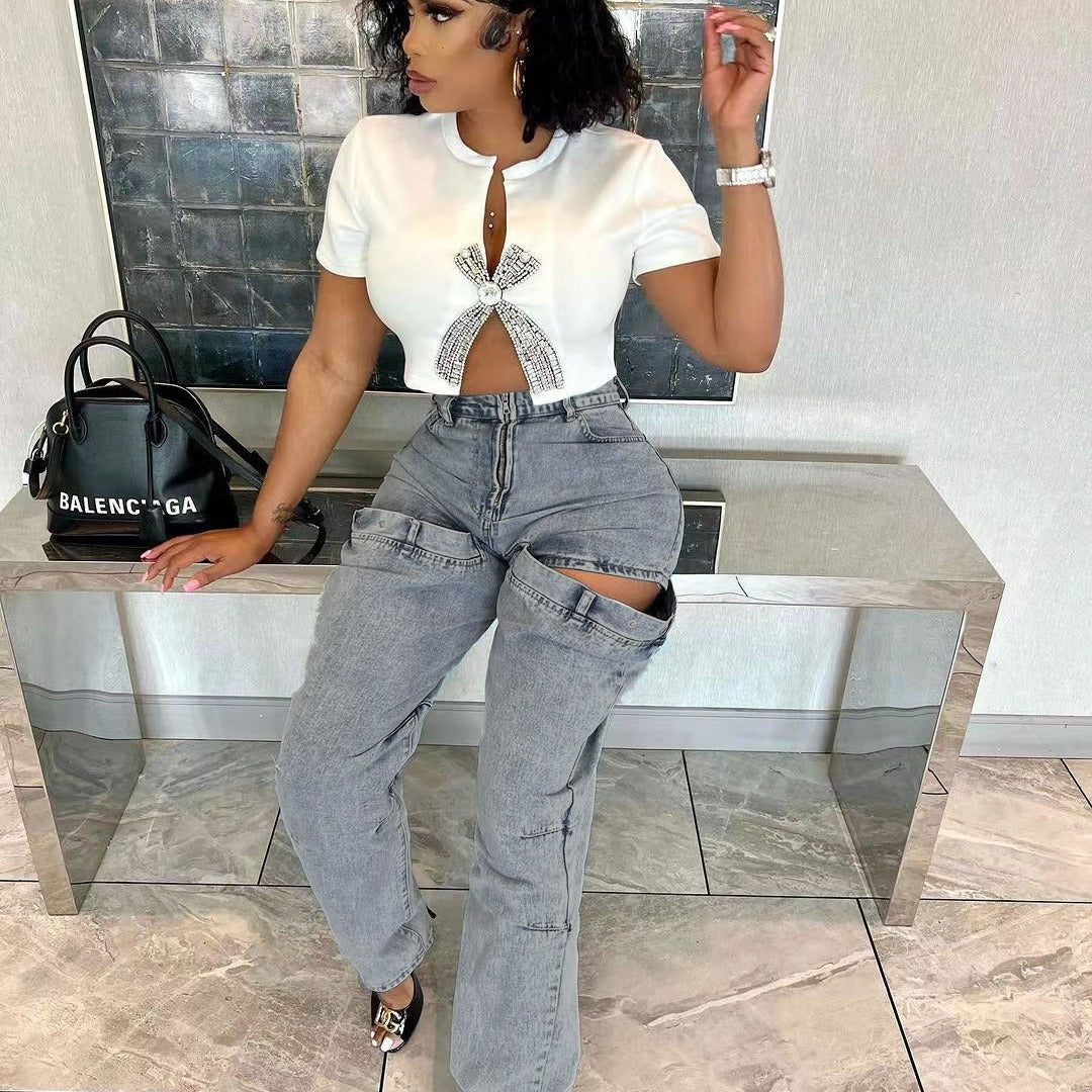 Fashionable Women's Clothing Stretch Casual Hollow Denim Pants 5