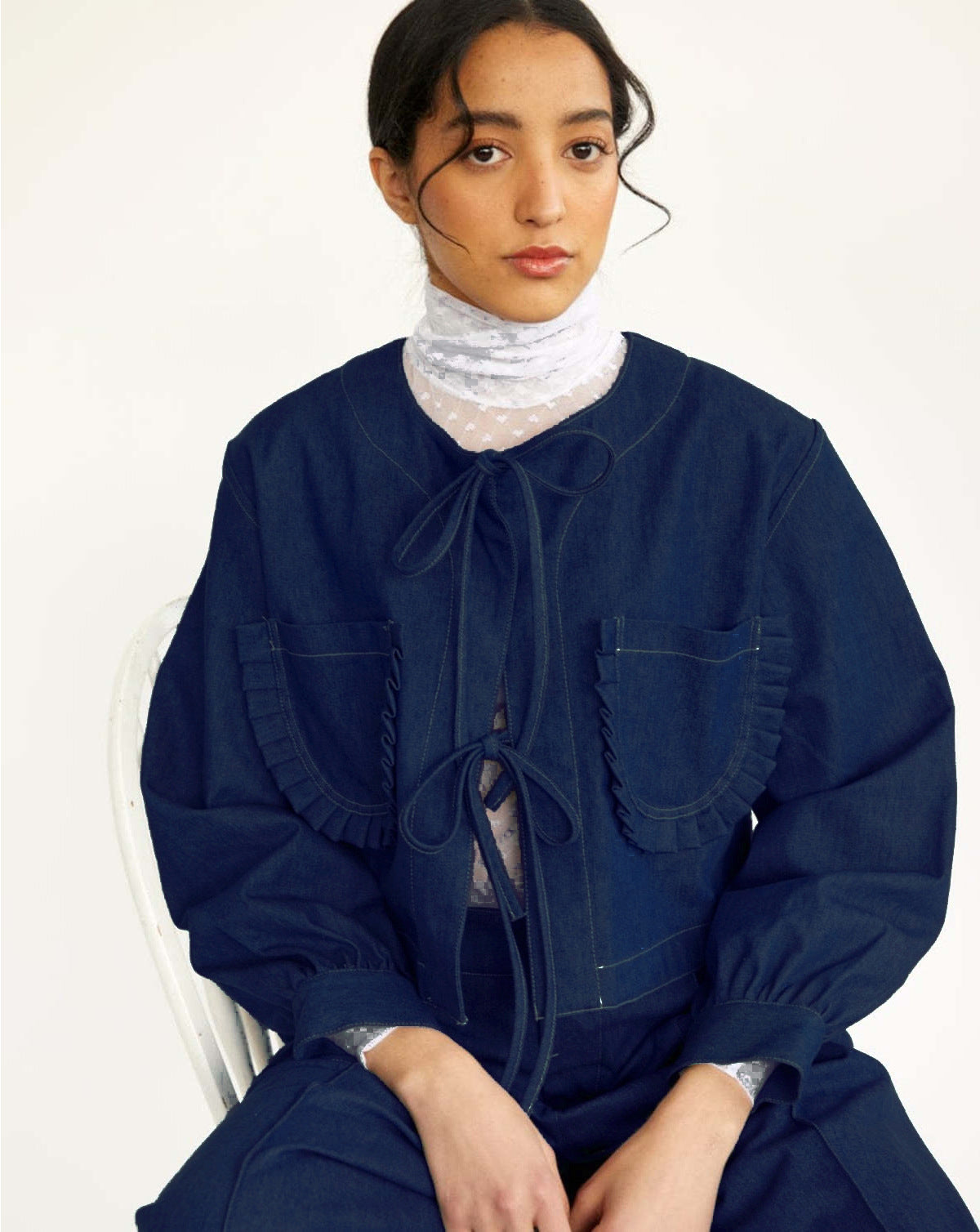 Women's Autumn and Winter high Street Trend Lace-up Long Sleeve Loose Denim Top 3