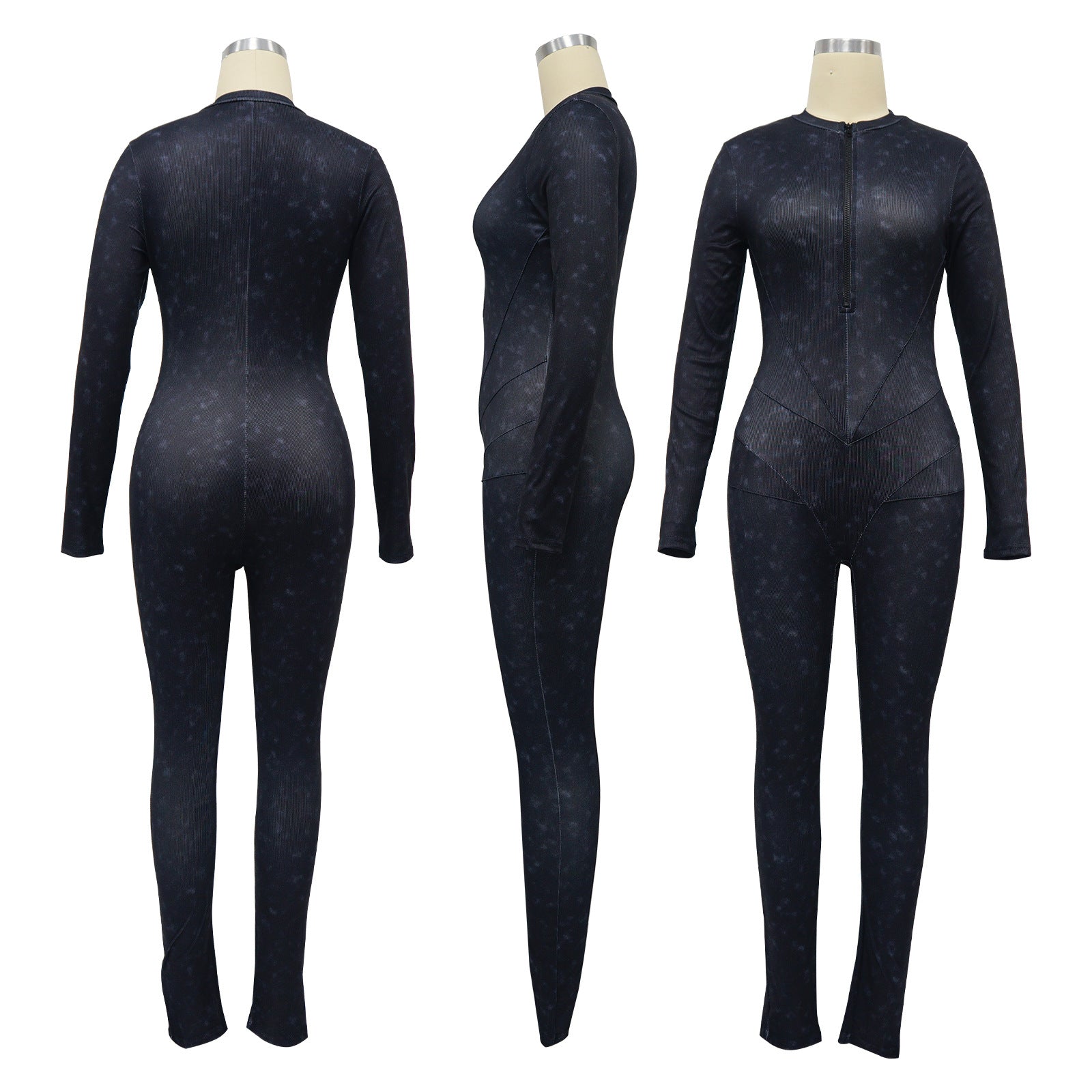 Women's Ribbed Printed Sexy V-Neck Tight Fitting Zipper Jumpsuit 22