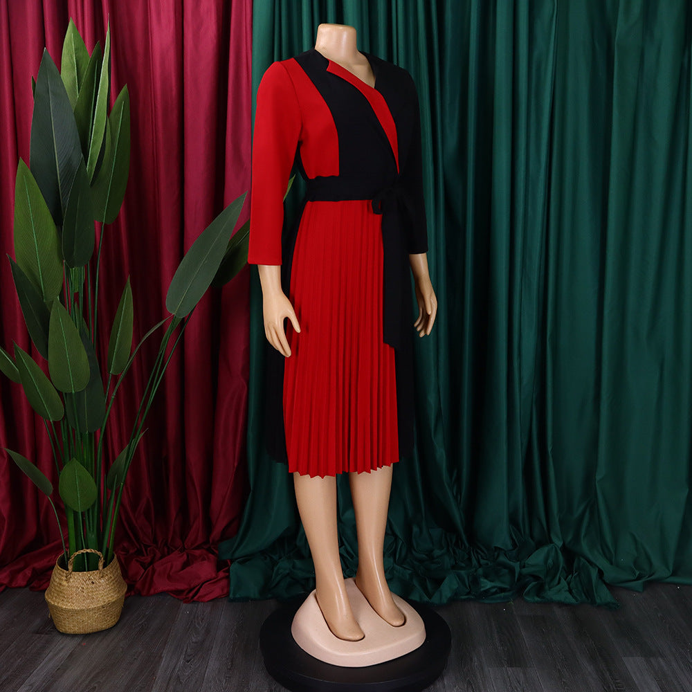 Africa Plus Size Women's Fashion Chic COLorblock Lace-Up Pleated Elegant Dress 16