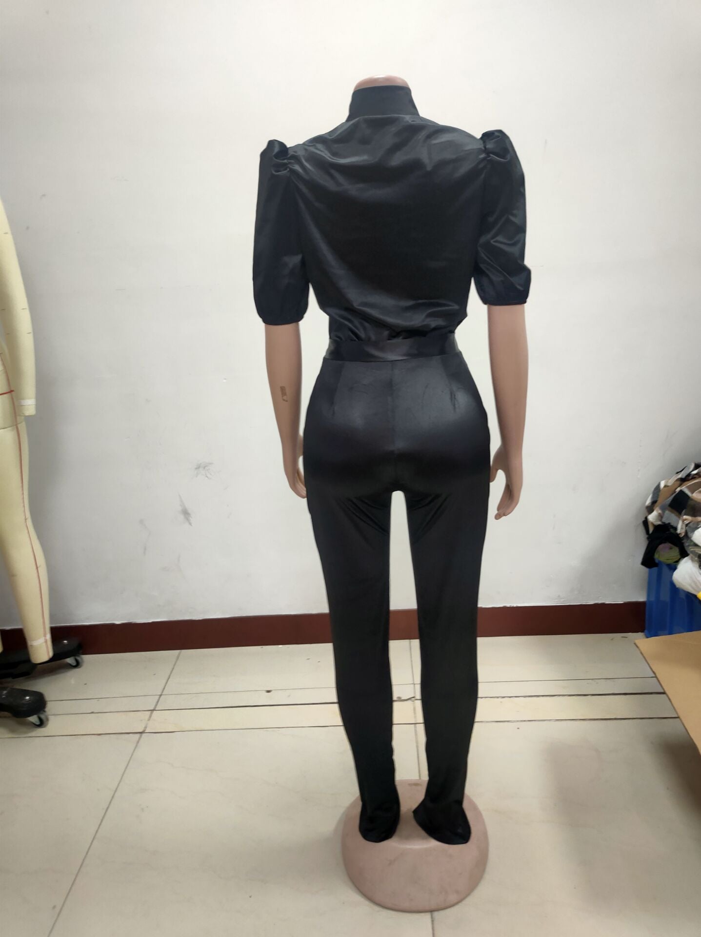 Sexy Solid Color Turtleneck Short Sleeve Two Piece Nightclub Pants Set 11