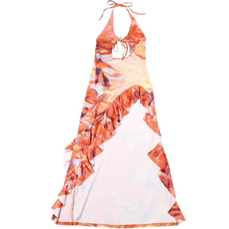 Women Spring Summer Sexy Halter Neck Backless Contrast Color Ruffle Dress 7