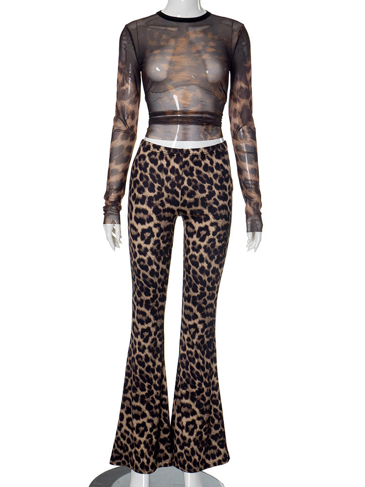 Women autumn sexy leopard print crop top and pant two piece set 9