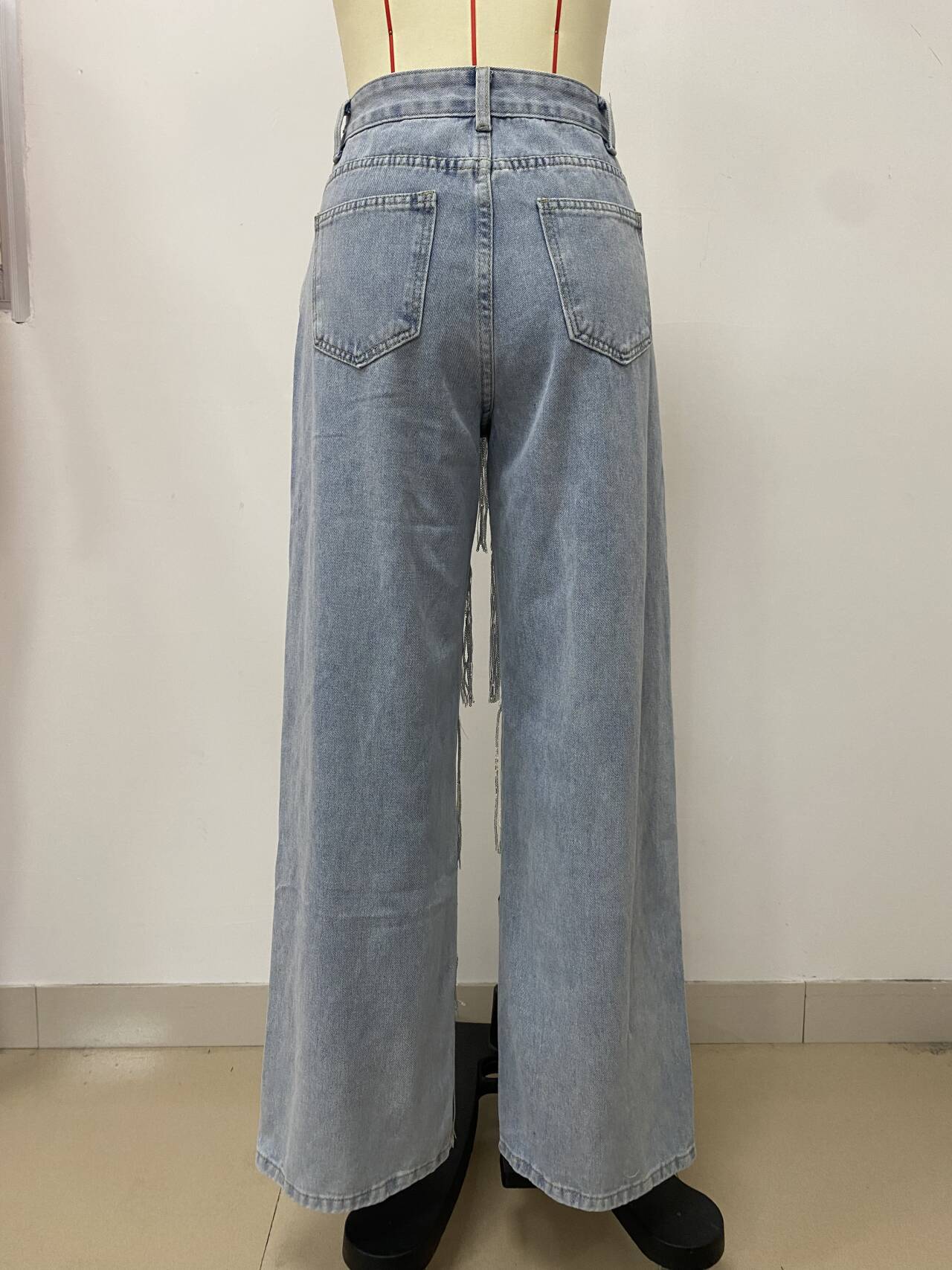 Autumn and Winter Women's Tassel Loose Straight Denim Trousers 4