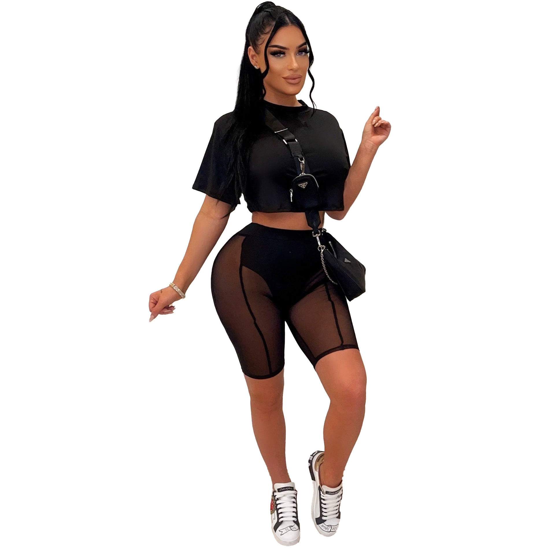 Women Summer Fashion Mesh Solid Top + Shorts Two-Piece Set 9