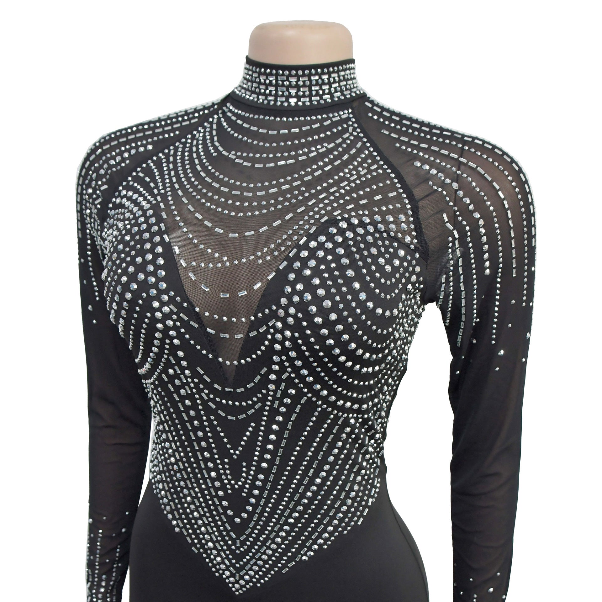 Fashion Women Beaded See Through Mesh Slit Long Dress 9