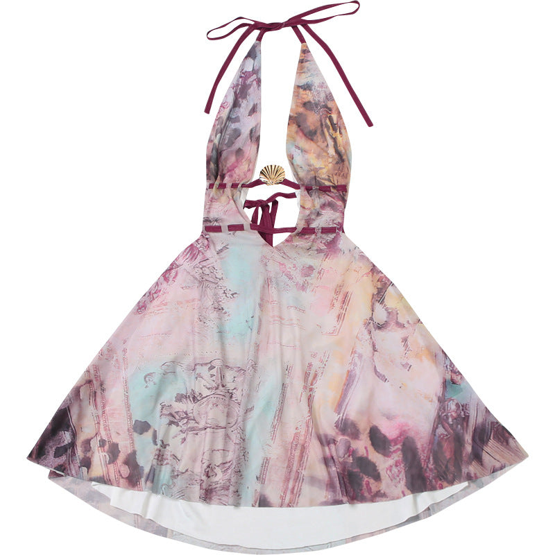 Women Summer Sexy V Neck Halter Neck Backless Print Dress 10