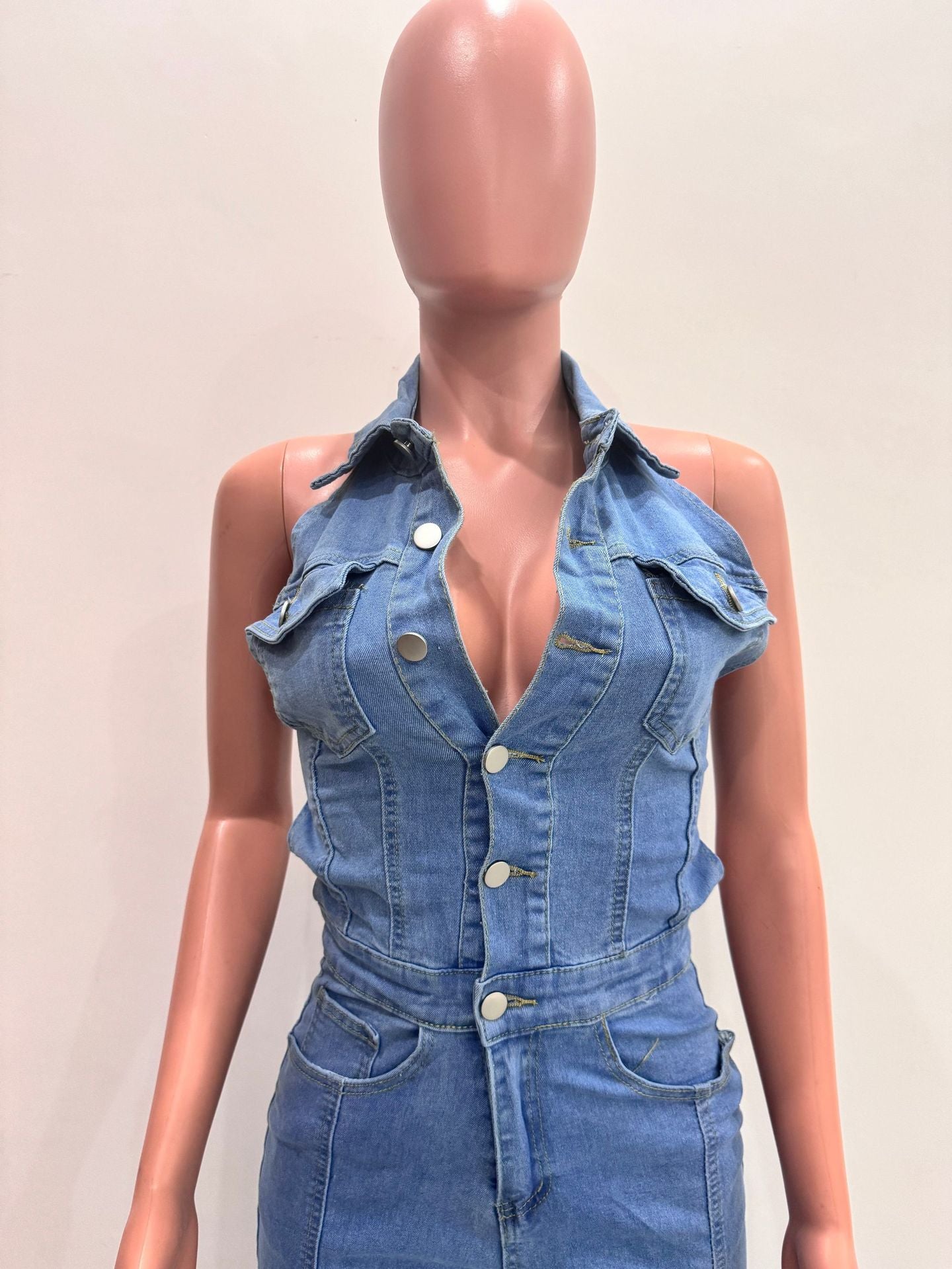 Sleeveless Low Back Washed High Stretch Casual Denim Jumpsuit 16