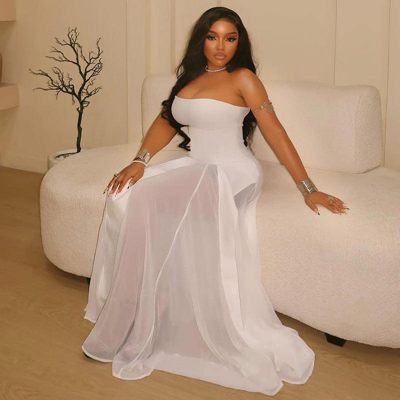 Chic Women's See-Through Strapless A-Line Solid Evening Dress 4