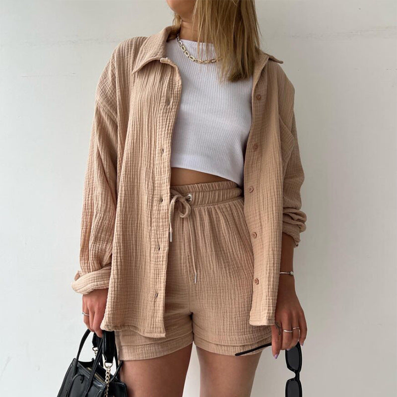 Women's Spring Crinkle Turndown Collar Long Sleeve Shirt High Waist Drawstring Shorts  2PC Set 11