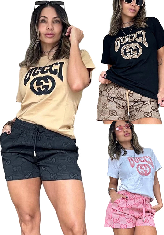 Women Summer Embroidered Printed Short Sleeve Top and Shorts Two-Piece Set