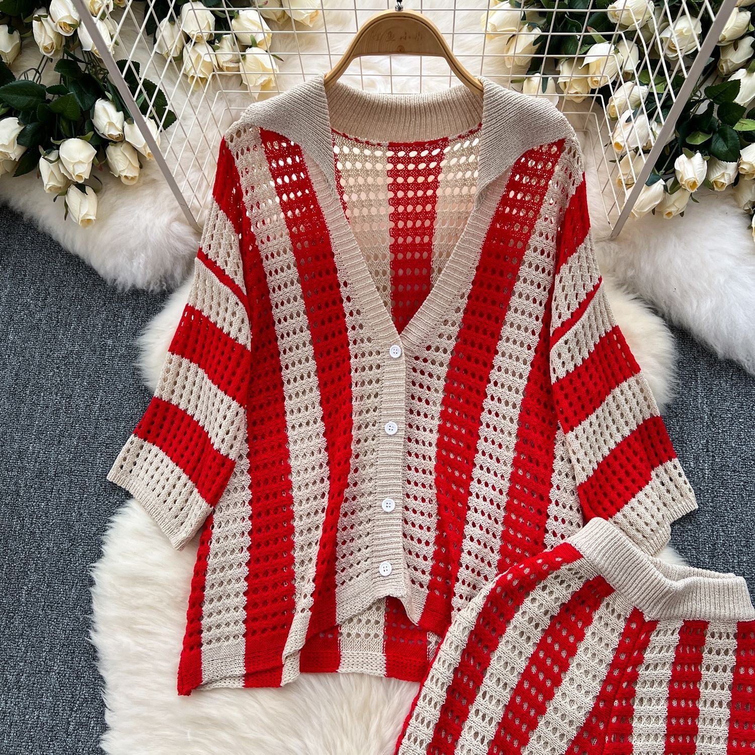 Women's Summer V-Neck Loose Knit Cardigan Top + Wide-Leg Pants Set Color-Block Striped Hollow-Out Outfit 20