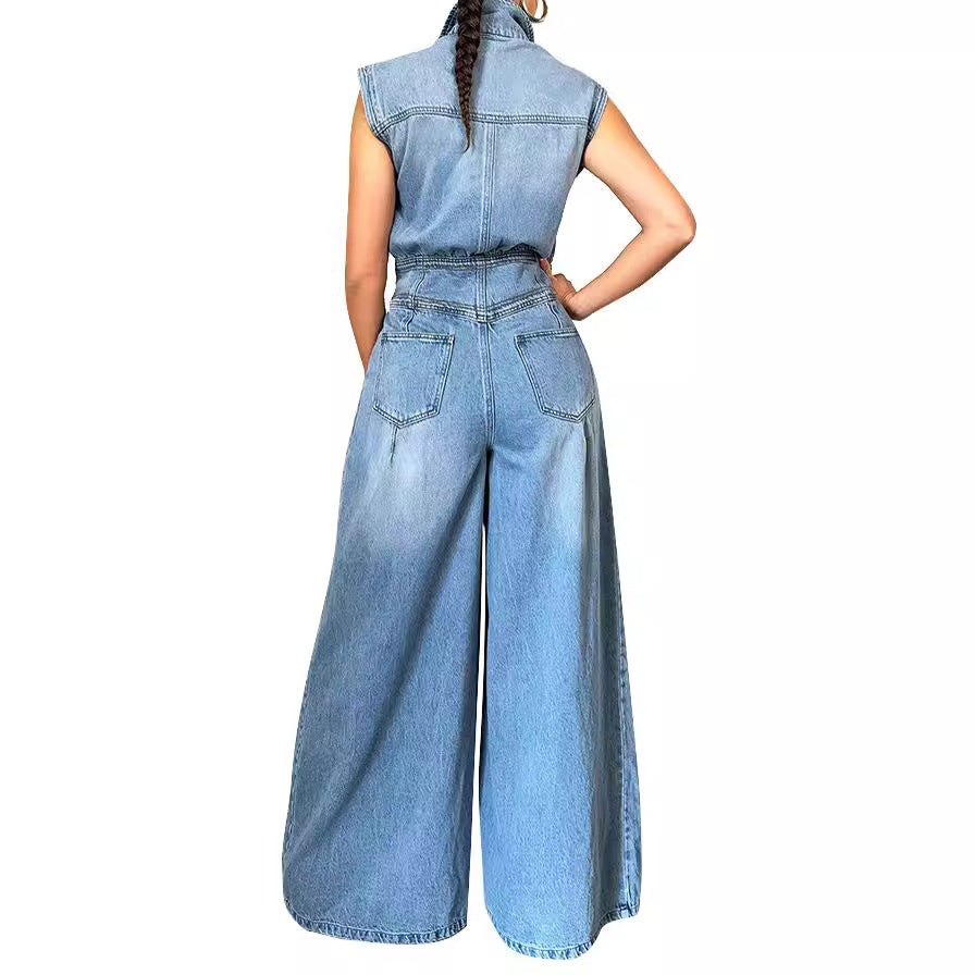 Women's Casual Sleeveless Denim Wide Leg Jumpsuit 3