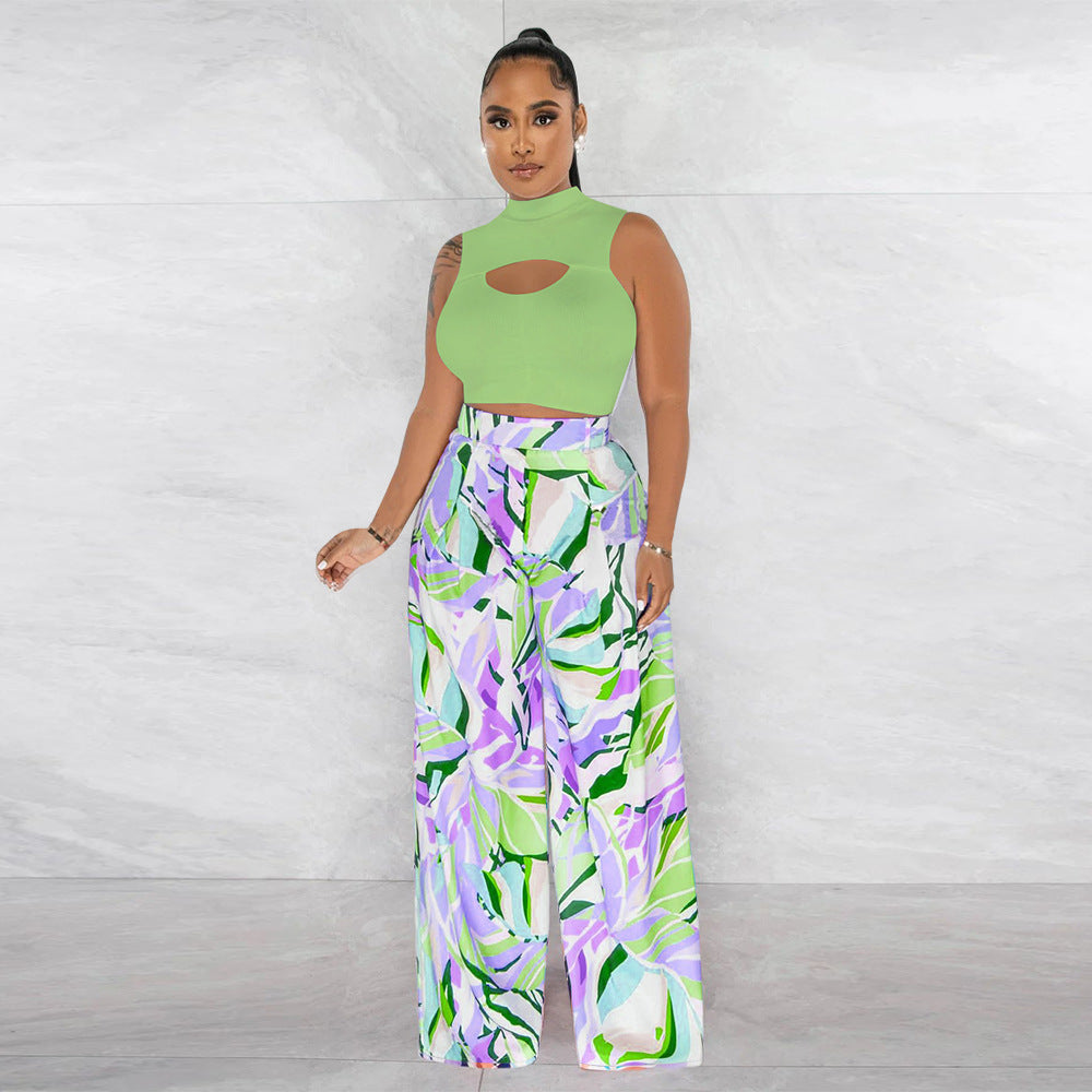 Women's Fashion Sleeveless Round Neck Cropped Top Printed Wide Leg Pants Two-Piece Set 5