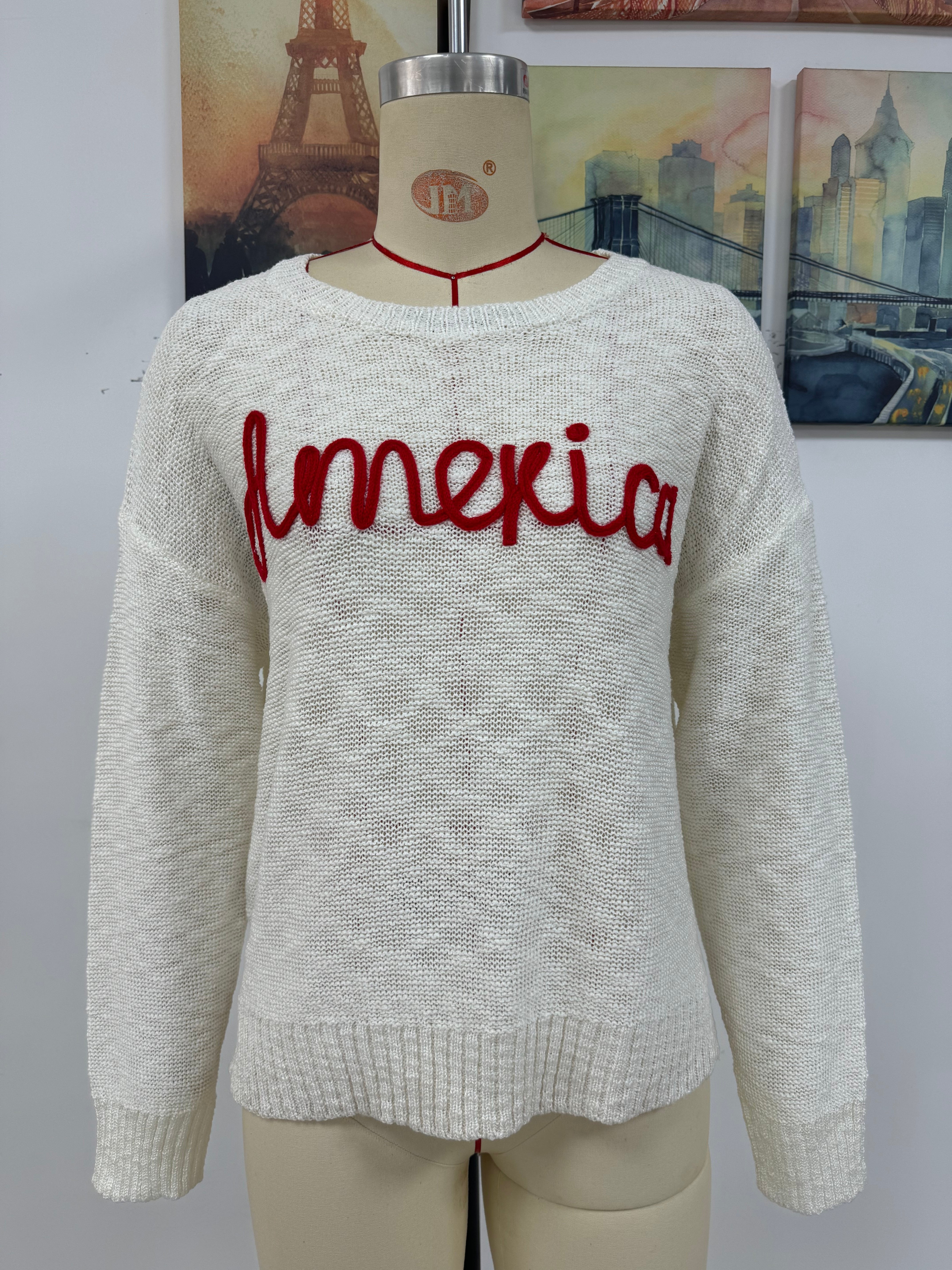 Women Knitting Round Neck Letter Long Sleeve Sweater 13